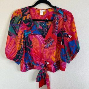 Joie tropical parrot cropped blouse medium button down tie NWOT
